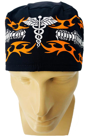 Caduceus with Spine Bones Nursing Scrub Hat Surgeons Cap, Cotton, Black and White with Orange Tribal Flames