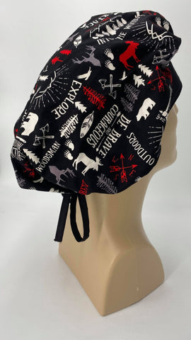 Forest Wilderness Nursing Scrub Hat Scrubs Cap Bouffant for Long Hair, Cotton, Black with Moose Bears Trees Forest Ax