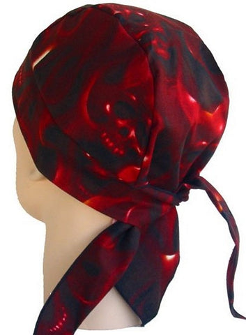 Ghoul Ghost Skulls Black and Red Bandana Skull Cap, Made in USA, with Sweatband, Dorag Motorcycle Biker Hat