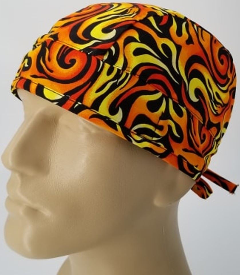 Cool Sports-Themed Scrub Hat – Handmade Cotton Do-Rag In Orange & Black (Medium Size) - View #3