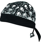 Skulls and Bones Doo Rag Cap with Sweatband Biker Hat Bandana Head Wrap Black and White for Men or Women