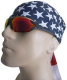 American Flag Bandana Dorag Cap with Sweatband and Mesh Liner, Cotton Motorcycle Biker Durag Skull Hat Stars and Stripes Red White and Blue