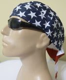 American Flag Bandana Dorag Cap with Sweatband and Mesh Liner, Cotton Motorcycle Biker Durag Skull Hat Stars and Stripes Red White and Blue