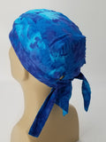 Tie Dye Blue Bandana Dorag Cap with Sweatband and Mesh Liner, Cotton Motorcycle Biker Durag Skull Hat
