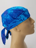 Tie Dye Blue Bandana Dorag Cap with Sweatband and Mesh Liner, Cotton Motorcycle Biker Durag Skull Hat