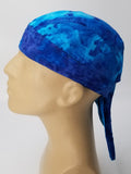 Tie Dye Blue Bandana Dorag Cap with Sweatband and Mesh Liner, Cotton Motorcycle Biker Durag Skull Hat