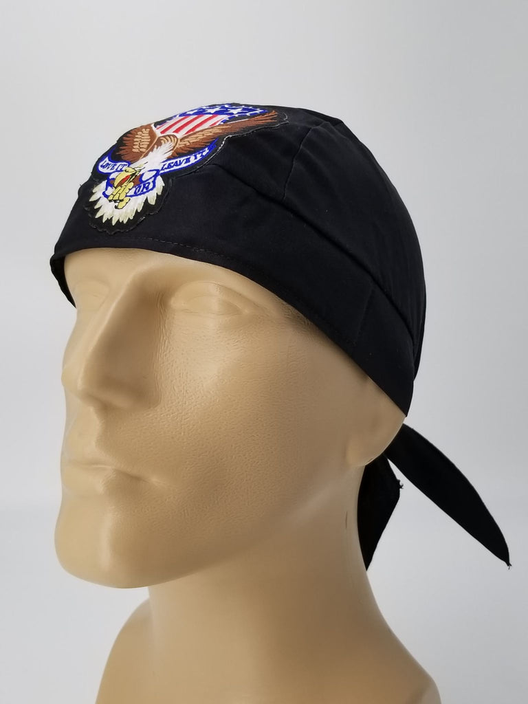 Black Bandana Dorag with SWEATBAND Doo Rag MADE IN THE USA Motorcycle Skull  Cap Cotton