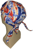 Red White and Blue Tie Dye Bandana Dorag Cap with Sweatband Tye Die Doo Rag 1960s Hippie Fun Woodstock Cotton Motorcycle Biker Durag Skull Hat Made in America