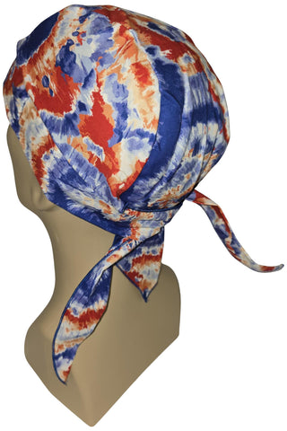 Red White and Blue Tie Dye Bandana Dorag Cap with Sweatband Tye Die Doo Rag 1960s Hippie Fun Woodstock Cotton Motorcycle Biker Durag Skull Hat Made in America