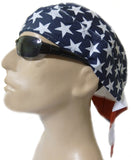 American Flag Bandana Dorag Cap with Sweatband and Mesh Liner, Cotton Motorcycle Biker Durag Skull Hat Stars and Stripes Red White and Blue