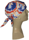 Red White and Blue Tie Dye Bandana Dorag Cap with Sweatband Tye Die Doo Rag 1960s Hippie Fun Woodstock Cotton Motorcycle Biker Durag Skull Hat Made in America