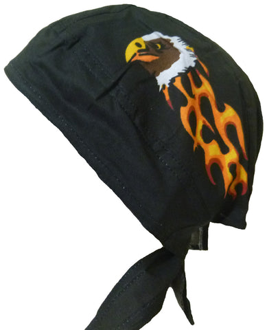 Bald Eagle Black Headwrap Doo Rag Durag Skull Cap with Flames Cotton Sporty Motorcycle Hat