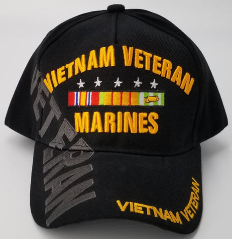 Vietnam Veteran Marine Hat, Black Baseball Cap with Ribbons and Stars