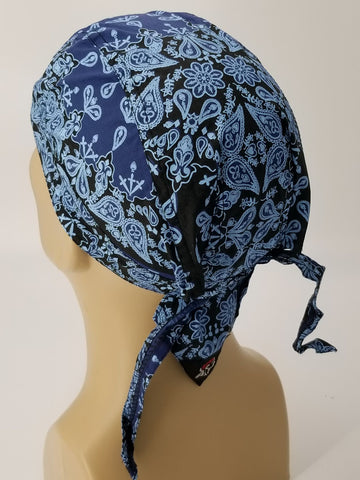 Blue Bandana Headwrap Mix of Classic Paisley Design Dorag Skull Cap Cotton