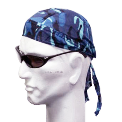 Blue and Black Woodland Camouflage Doo Rag Camo Motorcycle Skull Cap Bandana Dorag Headwrap