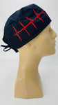 EKG Heartbeat Nursing Scrub Hat Scrubs Cap Bouffant for Long Hair, Cotton, Black and Red