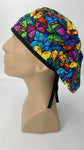 Butterflies Nursing Scrub Hat Scrubs Cap Bouffant for Long Hair, Cotton, Black with Colorful Rainbow Colors