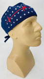 Caduceus EKG Heartbeat with Stars Nursing Scrub Hat Surgeons Cap, Cotton, Navy Blue Red and White