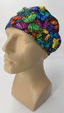 Butterflies Nursing Scrub Hat Scrubs Cap Bonnet for Long Hair, Cotton, Black with Colorful Rainbow Colors