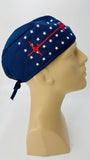 Caduceus EKG Heartbeat with Stars Nursing Scrub Hat Surgeons Cap, Cotton, Navy Blue Red and White