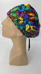 Butterflies Nursing Scrub Hat Scrubs Cap Bonnet for Long Hair, Cotton, Black with Colorful Rainbow Colors