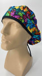 Butterflies Nursing Scrub Hat Scrubs Cap Bouffant for Long Hair, Cotton, Black with Colorful Rainbow Colors