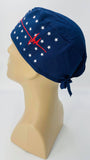 Caduceus EKG Heartbeat with Stars Nursing Scrub Hat Surgeons Cap, Cotton, Navy Blue Red and White