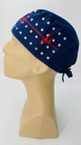 Caduceus EKG Heartbeat with Stars Nursing Scrub Hat Surgeons Cap, Cotton, Navy Blue Red and White