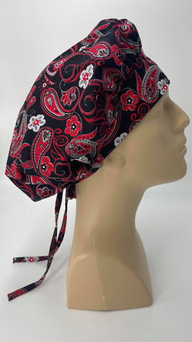 Surgical Hat Nursing Scrub Bonnet Surgeons Scrubs Cap Bouffant for Long Hair, Cotton, Black White Red Gray Flowers and Paisley