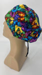 Butterflies Nursing Scrub Hat Scrubs Cap Bonnet for Long Hair, Cotton, Black with Colorful Rainbow Colors
