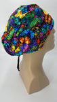 Butterflies Nursing Scrub Hat Scrubs Cap Bonnet for Long Hair, Cotton, Black with Colorful Rainbow Colors