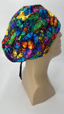 Butterflies Nursing Scrub Hat Scrubs Cap Bonnet for Long Hair, Cotton, Black with Colorful Rainbow Colors