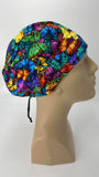 Butterflies Nursing Scrub Hat Scrubs Cap Bonnet for Long Hair, Cotton, Black with Colorful Rainbow Colors