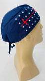Caduceus EKG Heartbeat with Stars Nursing Scrub Hat Surgeons Cap, Cotton, Navy Blue Red and White