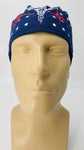 Caduceus EKG Heartbeat with Stars Nursing Scrub Hat Surgeons Cap, Cotton, Navy Blue Red and White