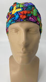 Butterflies Nursing Scrub Hat Scrubs Cap Bonnet for Long Hair, Cotton, Black with Colorful Rainbow Colors