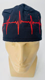 EKG Heartbeat Nursing Scrub Hat Scrubs Cap Bouffant for Long Hair, Cotton, Black and Red