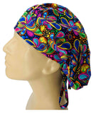 60s Hippie Rainbow Nursing Scrub Hat Scrubs Cap Bouffant for Long Hair, Cotton, Black Paisley Colorful