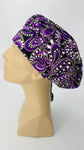Purple and Black Paisley Nursing Scrub Hat Scrubs Cap Bonnet for Long Hair, Cotton, Black White Purple Gray