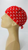 Caduceus Nursing Scrub Hat Scrubs Cap Bouffant for Long Hair, Cotton, Red and White