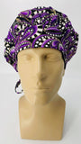 Purple and Black Paisley Nursing Scrub Hat Scrubs Cap Bonnet for Long Hair, Cotton, Black White Purple Gray