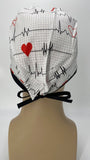 EKG Heartbeat with Stars Nursing Scrub Hat Surgeons Cap, Cotton, Black Red and White