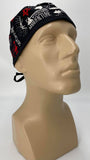 Forest Wilderness Nursing Scrub Hat Scrubs Cap, Cotton, Black with Moose Bears Trees Feathers Ax