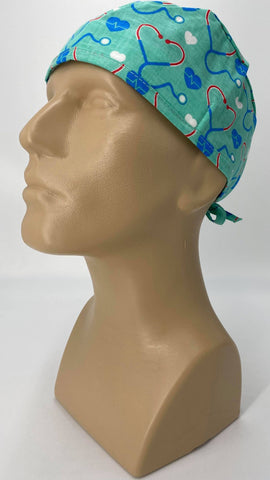 EKG Heartbeat with Stethoscope Nursing Scrub Hat Surgeons Cap, Cotton, Green Blue White Red