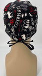 Forest Wilderness Nursing Scrub Hat Scrubs Cap, Cotton, Black with Moose Bears Trees Feathers Ax