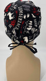 Forest Wilderness Nursing Scrub Hat Scrubs Cap, Cotton, Black with Moose Bears Trees Feathers Ax