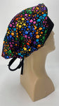 Circles 60s Hippie Rainbow Nursing Scrub Hat Scrubs Cap Bouffant for Long Hair, Cotton, Black with Rainbow Polka Dots