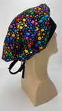 Circles 60s Hippie Rainbow Nursing Scrub Hat Scrubs Cap Bouffant for Long Hair, Cotton, Black with Rainbow Polka Dots