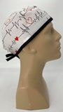 EKG Heartbeat with Stars Nursing Scrub Hat Surgeons Cap, Cotton, Black Red and White
