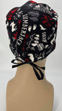 Forest Wilderness Nursing Scrub Hat Scrubs Cap, Cotton, Black with Moose Bears Trees Feathers Ax